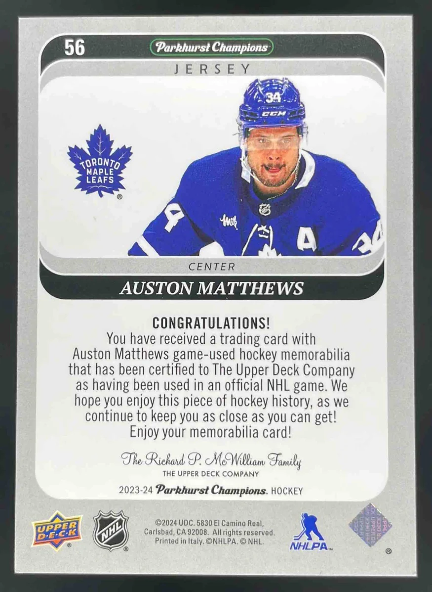 2023-24 Parkhurst Champions Jersey #56 Auston Matthews MEM - Image 2