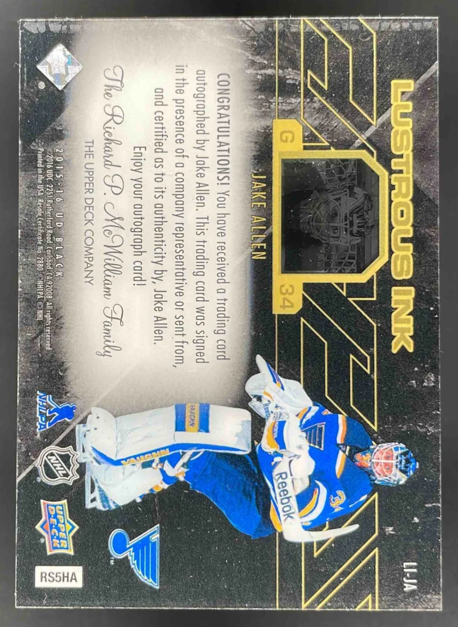 2015-16 Upper Deck Black Lustrous INK #LI-JA Jake Allen Autograph Auto /199 - Image 2