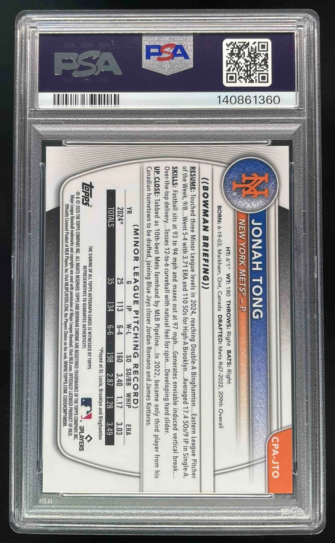 2025 Bowman Chrome Prospect Autographs #CPA-JTO Jonah Tong RC Auto PSA 10 - Image 2