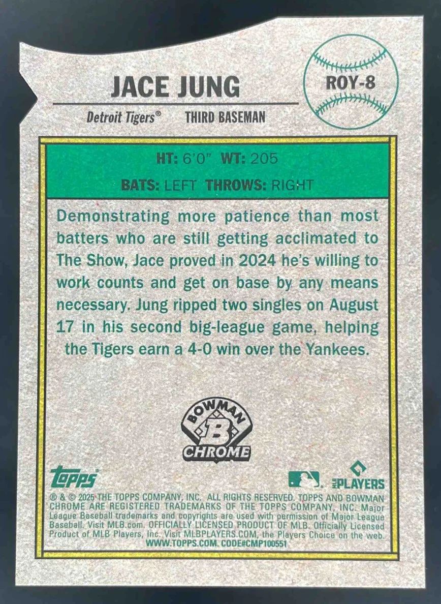 2025 Bowman Chrome Rookie of the Year Favorites Red #ROY-8 Jace Jung RC /5 - Image 2