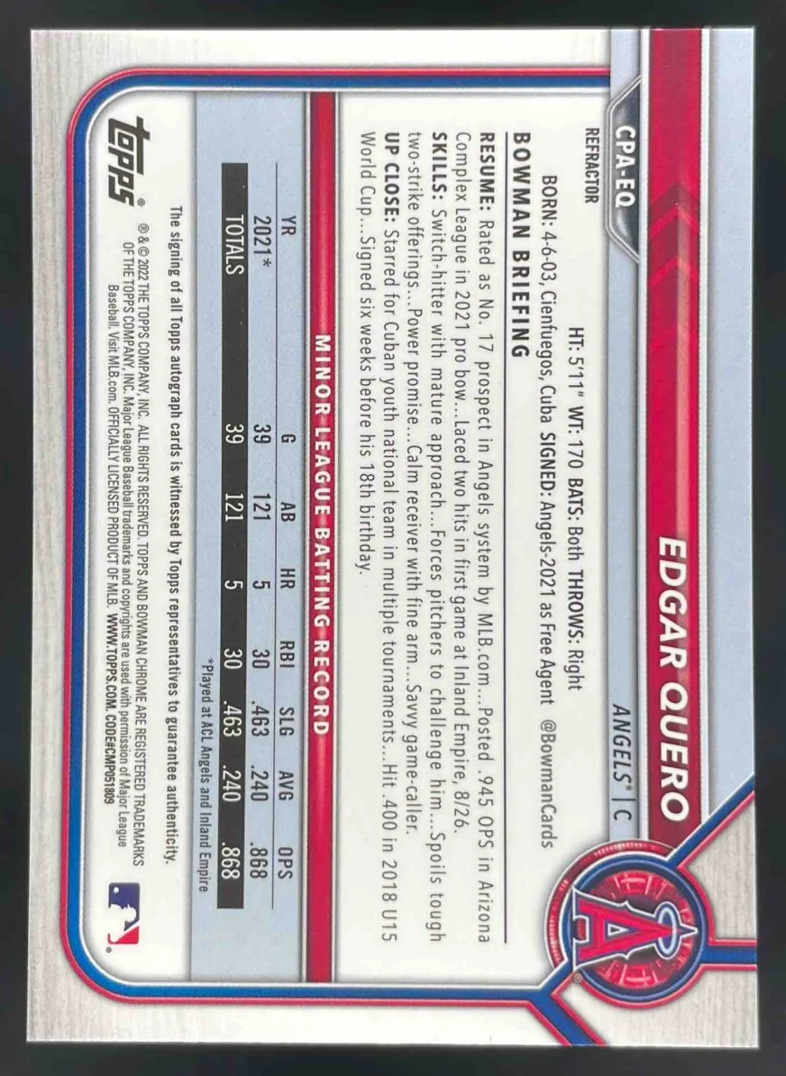 2022 Bowman Chrome Prospect Autographs Refractor #CPA-EQ Edgar Quero Auto /499 - Image 2