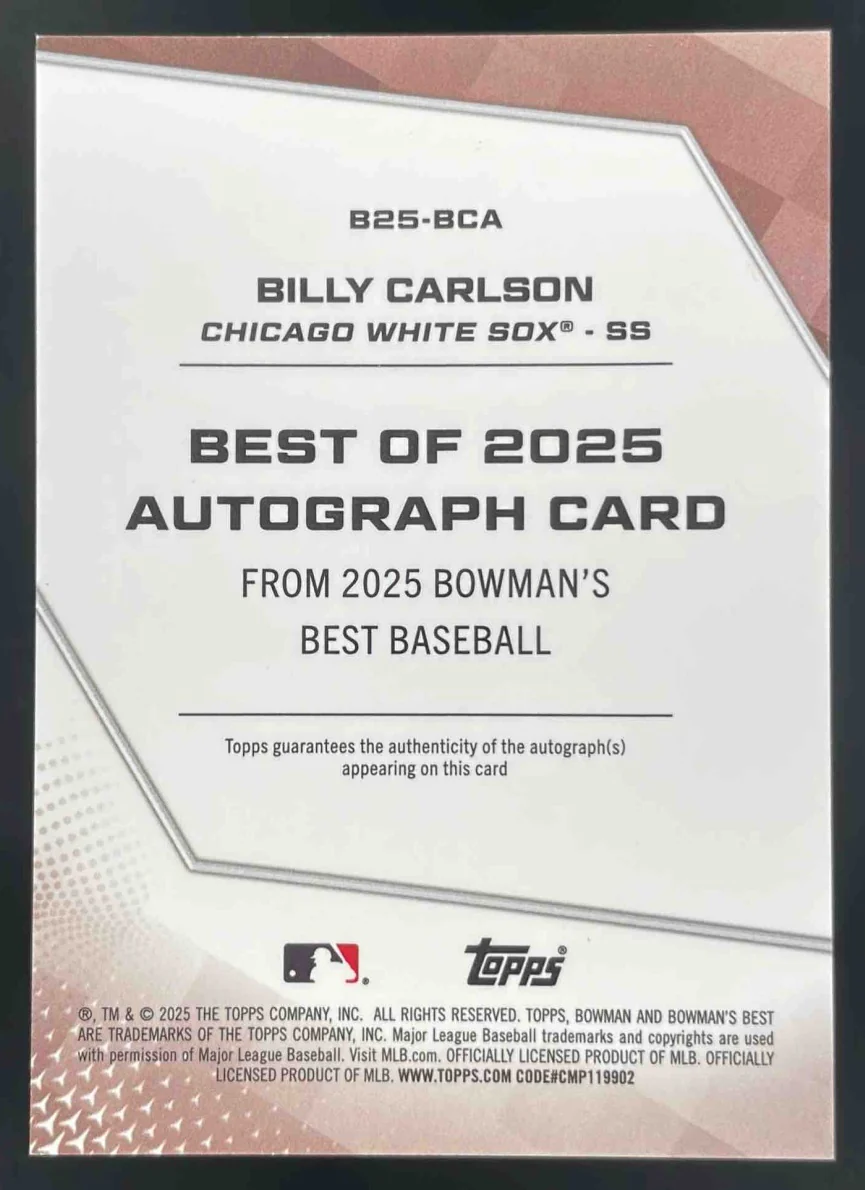 2025 Bowman's Best of 2025 Green Refractor #B25-BCA Billy Carlson Auto /99 - Image 2