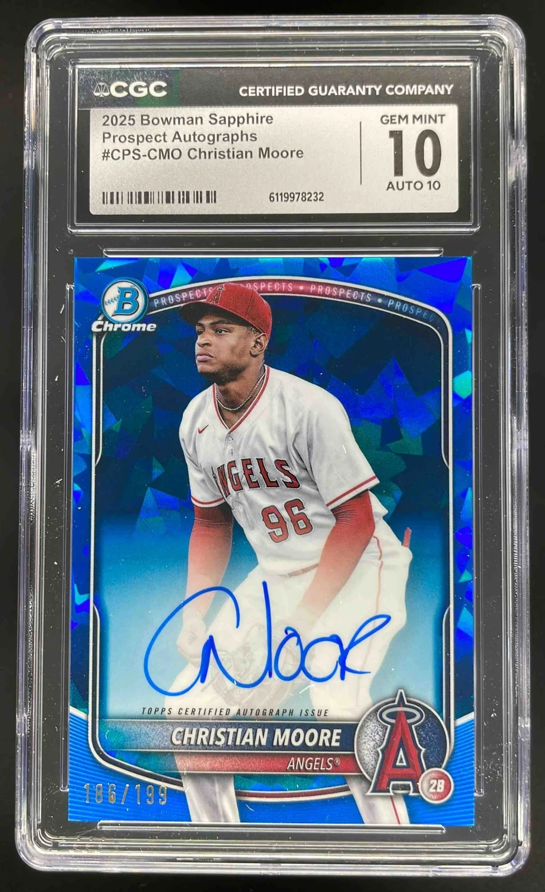2025 Bowman Sapphire Chrome Autographs #CPS-CMO Christian Moore Auto /199 CGC 10