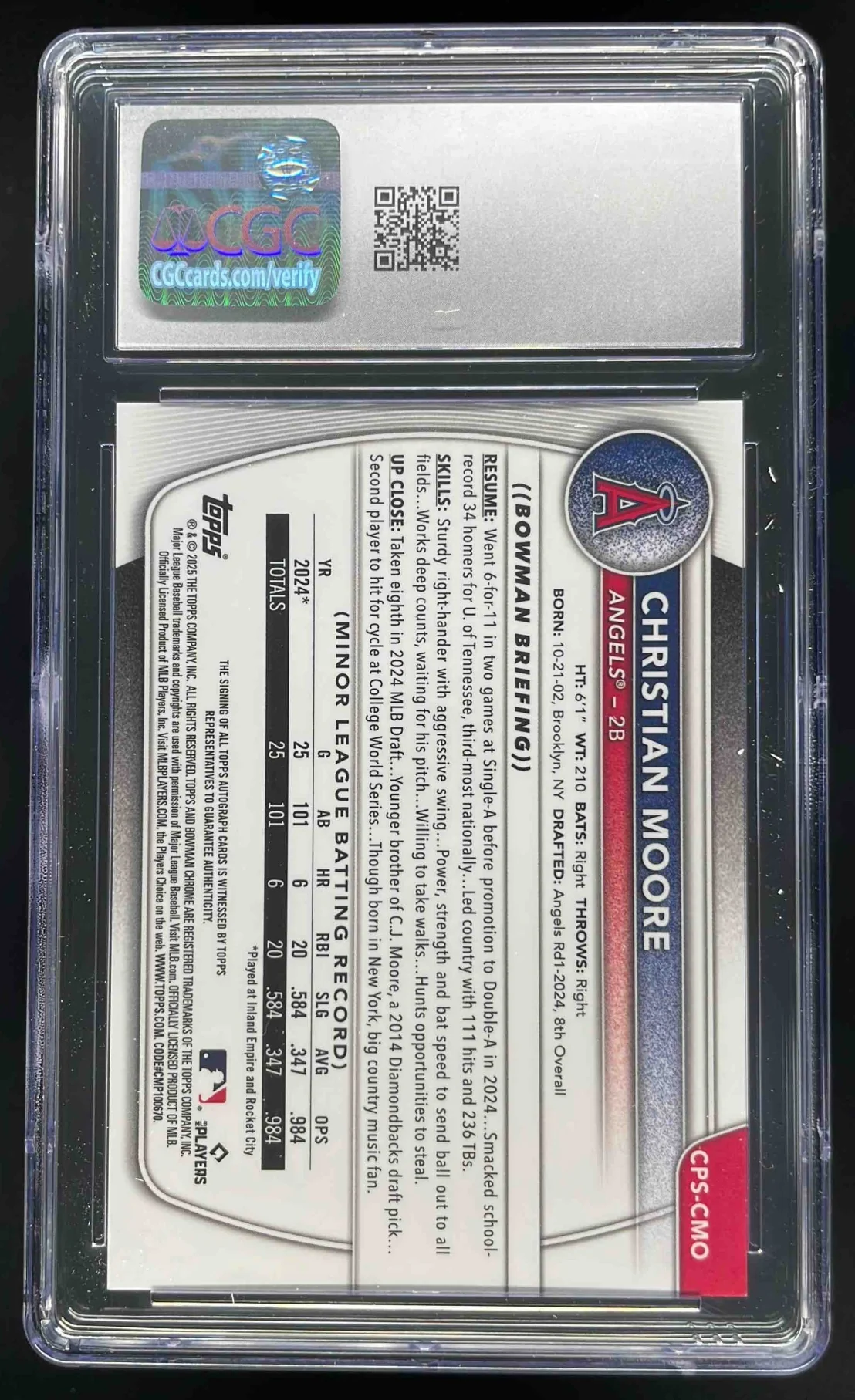 2025 Bowman Sapphire Chrome Autographs #CPS-CMO Christian Moore Auto /199 CGC 10 - Image 2