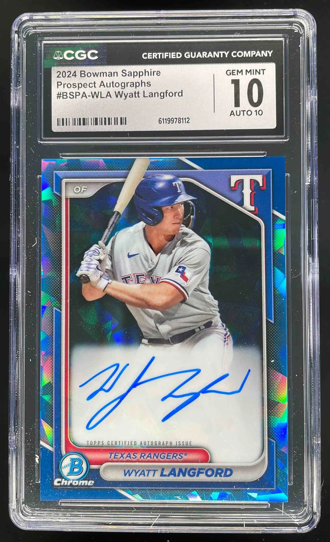 2024 Bowman Sapphire Chrome Prospect Autographs #WLA Wyatt Langford Auto CGC 10