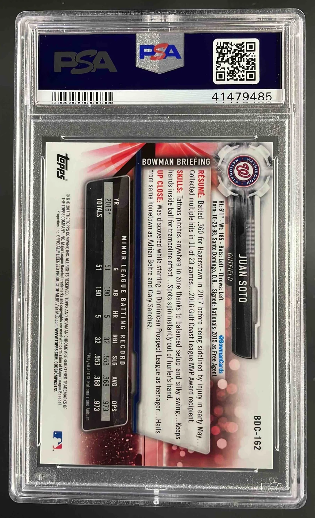 2017 Bowman Draft Chrome #BDC-162 Juan Soto PSA 10 - Image 2