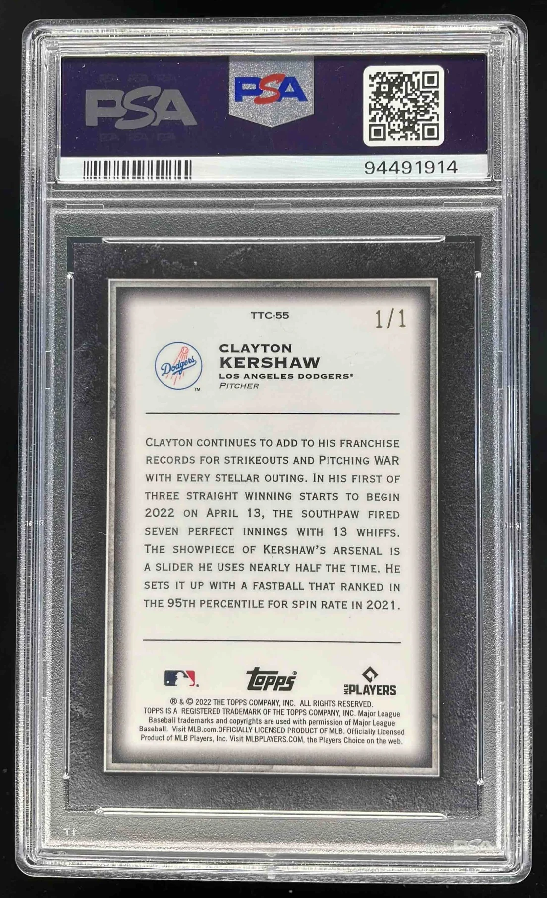 2022 Transcendent Collection Chrome SuperFractor Clayton Kershaw 1/1 PSA 10 - Image 2