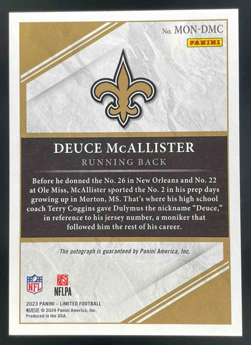 2023 Panini Limited Monikers Gold Spotlight #MON-DMC Deuce McAllister Auto /49 - Image 2