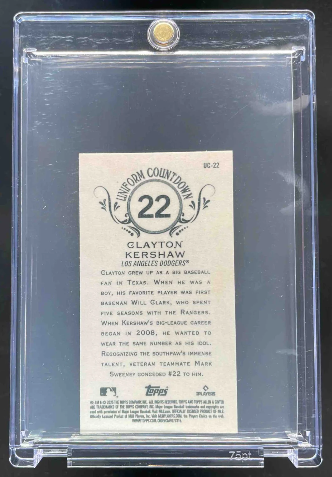 2025 Topps Allen & Ginter Uniform Countdown Mini #UC-22 Clayton Kershaw /22 - Image 2