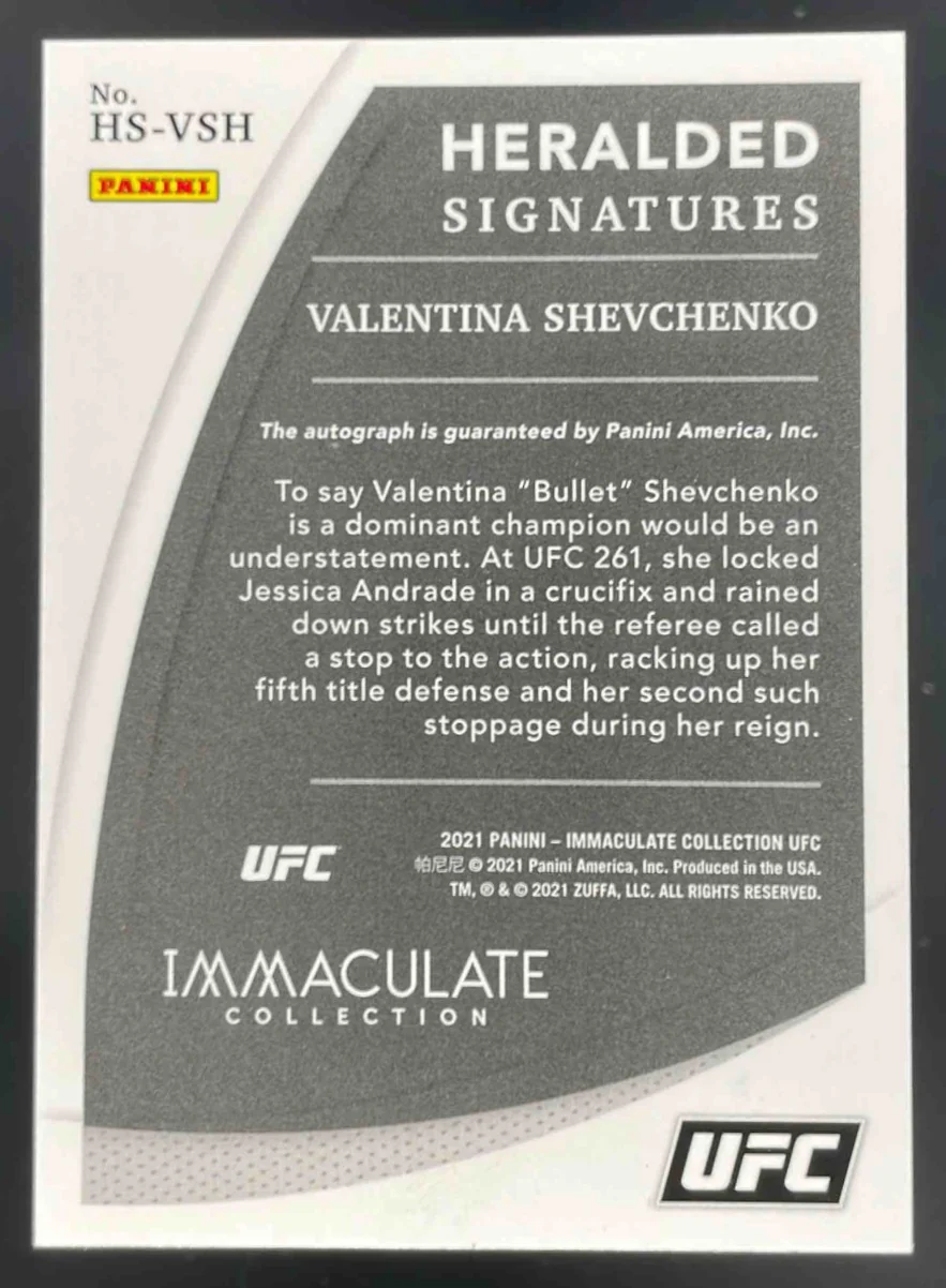 2021 Immaculate Collection UFC Heralded #HS-VSH Valentina Shevchenko Auto /75 - Image 2
