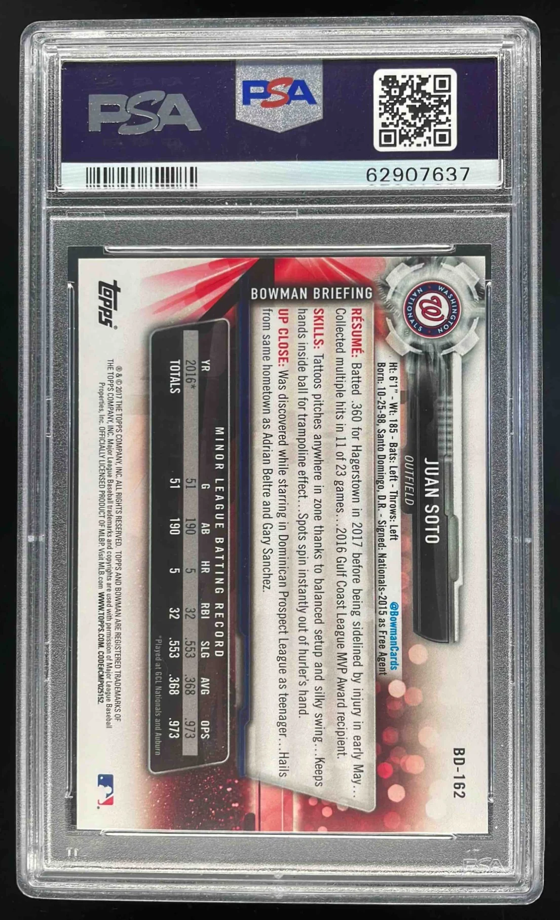 2017 Bowman Draft #BD-162 Juan Soto PSA 10 - Image 2