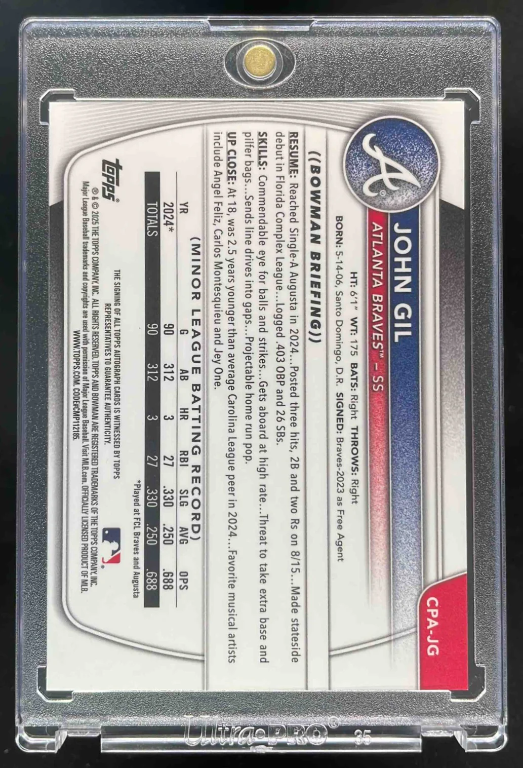 2025 Bowman Chrome Autograph Yellow Refractor #CPA-JG John Gil RC Auto /75 - Image 2