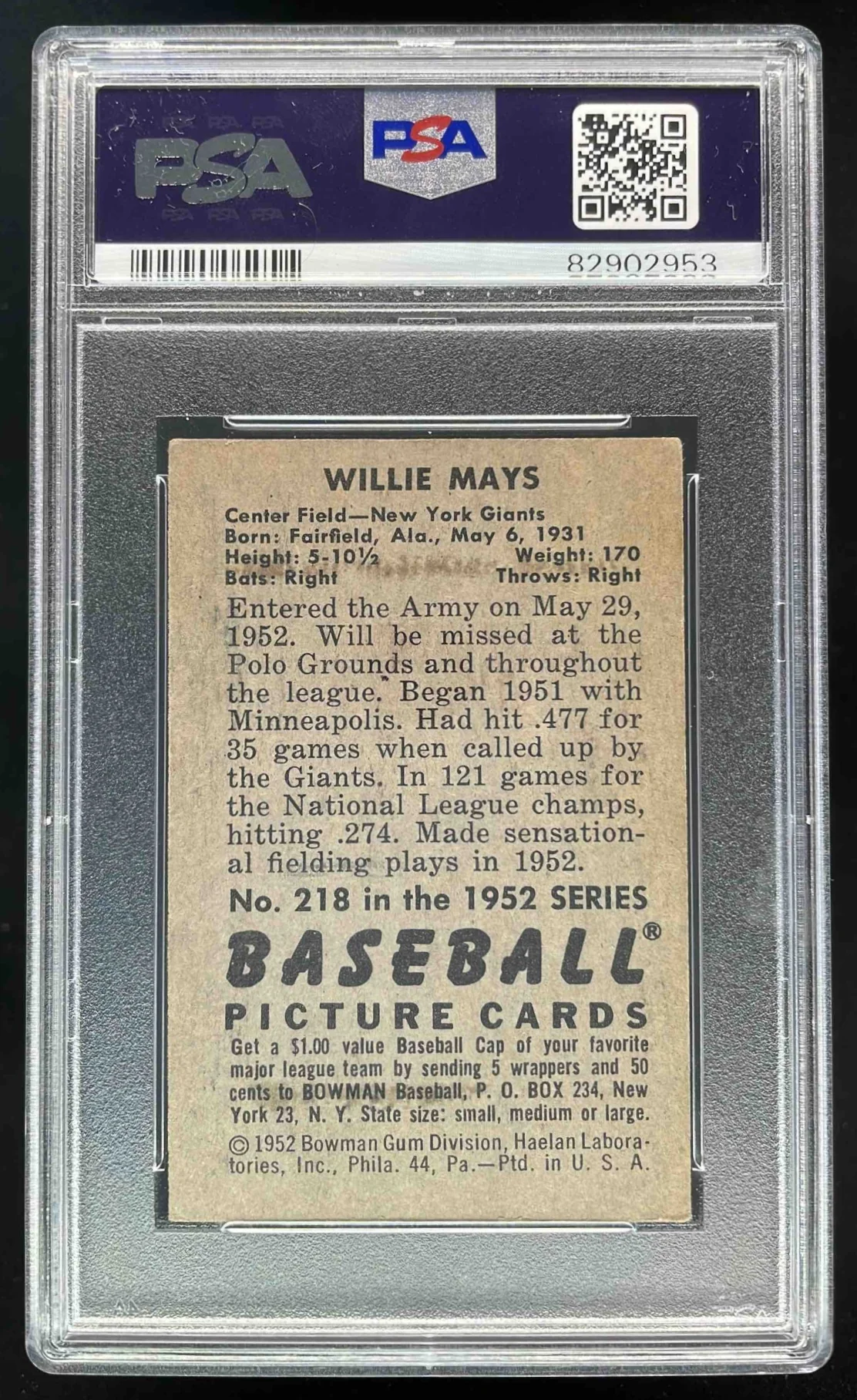 1952 Bowman #218 Willie Mays PSA 4 - Image 2