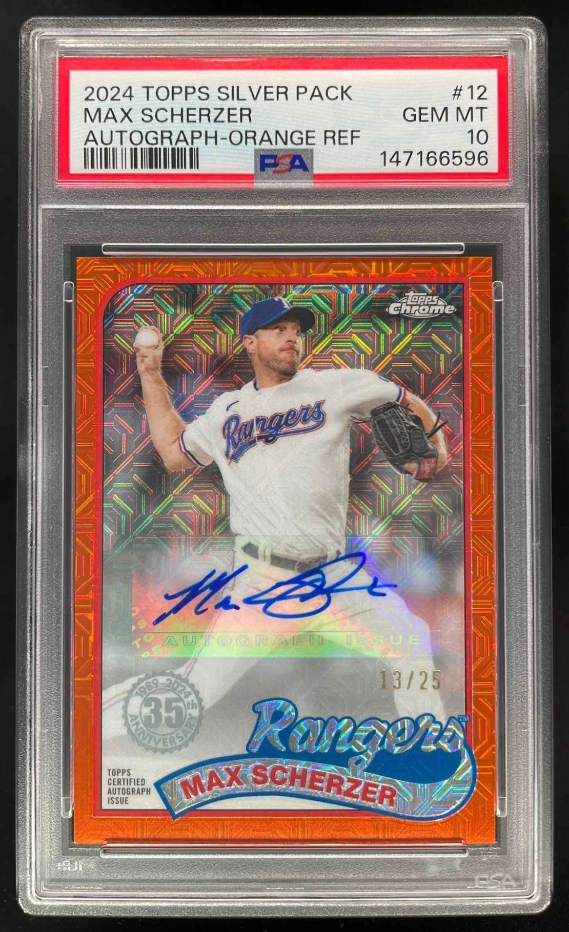2024 Topps 1989 35th Anniversary Chrome Orange #12 Max Scherzer Auto /25 PSA 10