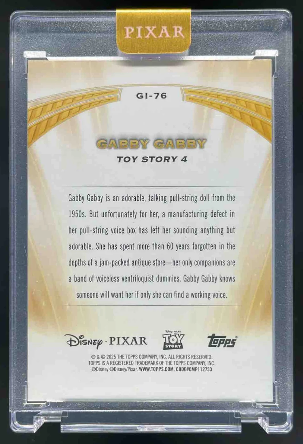 2025 Topps Pixar Gold Golden Icons Encased Orange #GI-76 Gabby /25 - Image 2