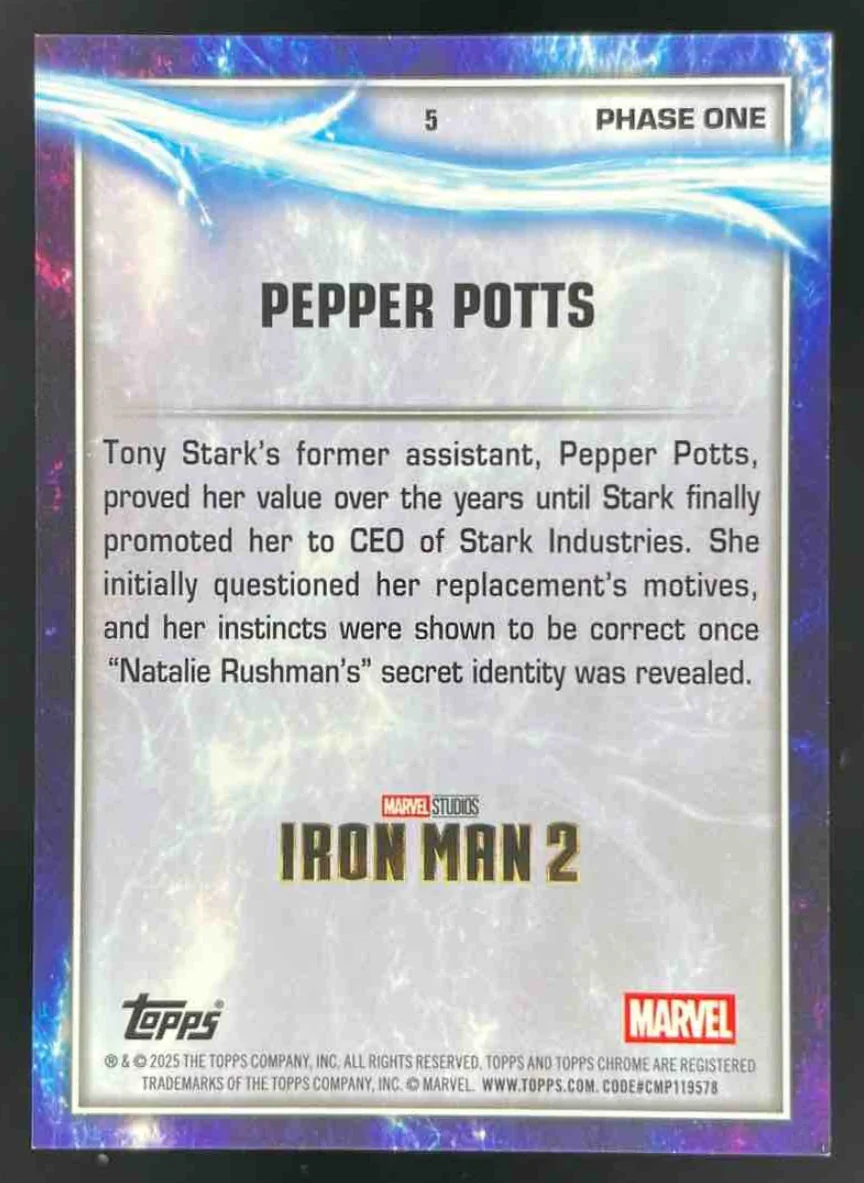 2025 Topps Chrome Marvel Studios Sapphire Gold Refractor #5 Pepper Potts /50 - Image 2