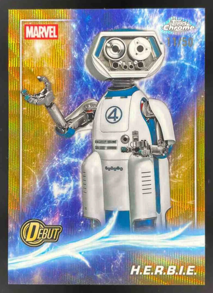 2025 Topps Chrome Marvel Studios Gold Wave Refractor #199 H.E.R.B.I.E. DEBUT /50