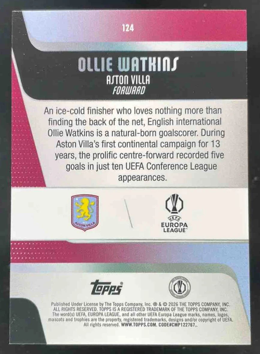 2025-26 Topps UEFA Club Competitions Black Holo #124 Ollie Watkins /10 - Image 2