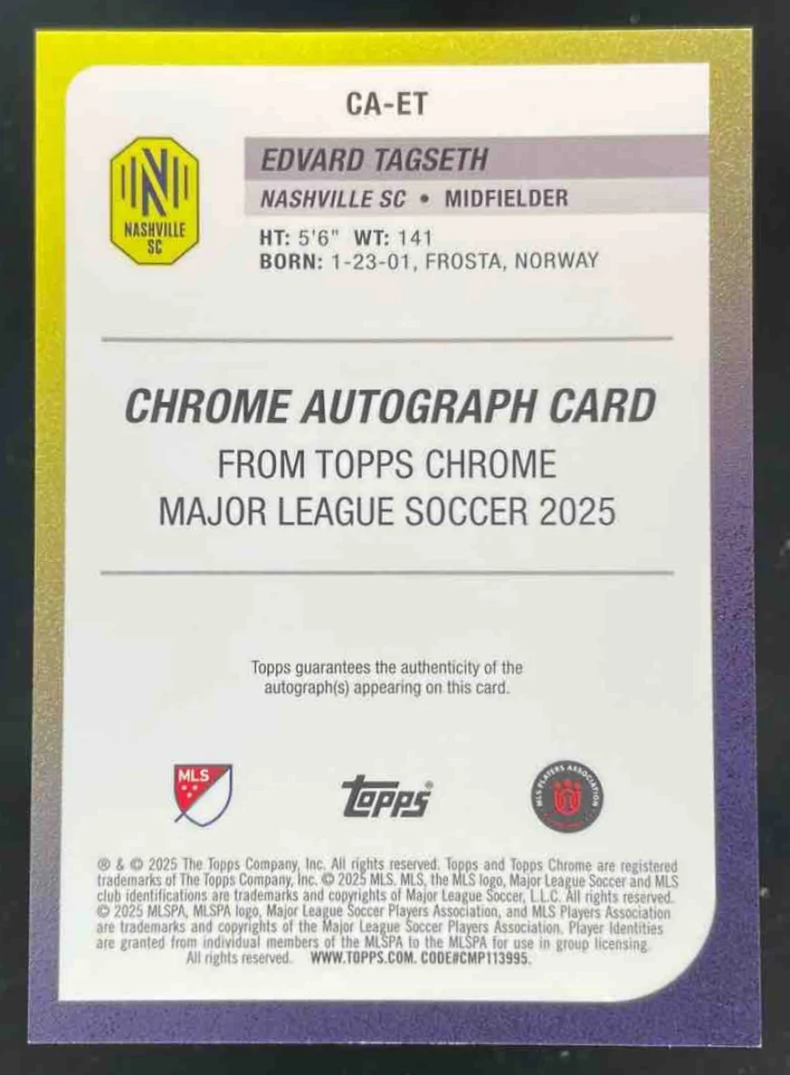 2025 Topps Chrome MLS Chrome Black #CA-ET Edvard Tagseth Auto /10 - Image 2