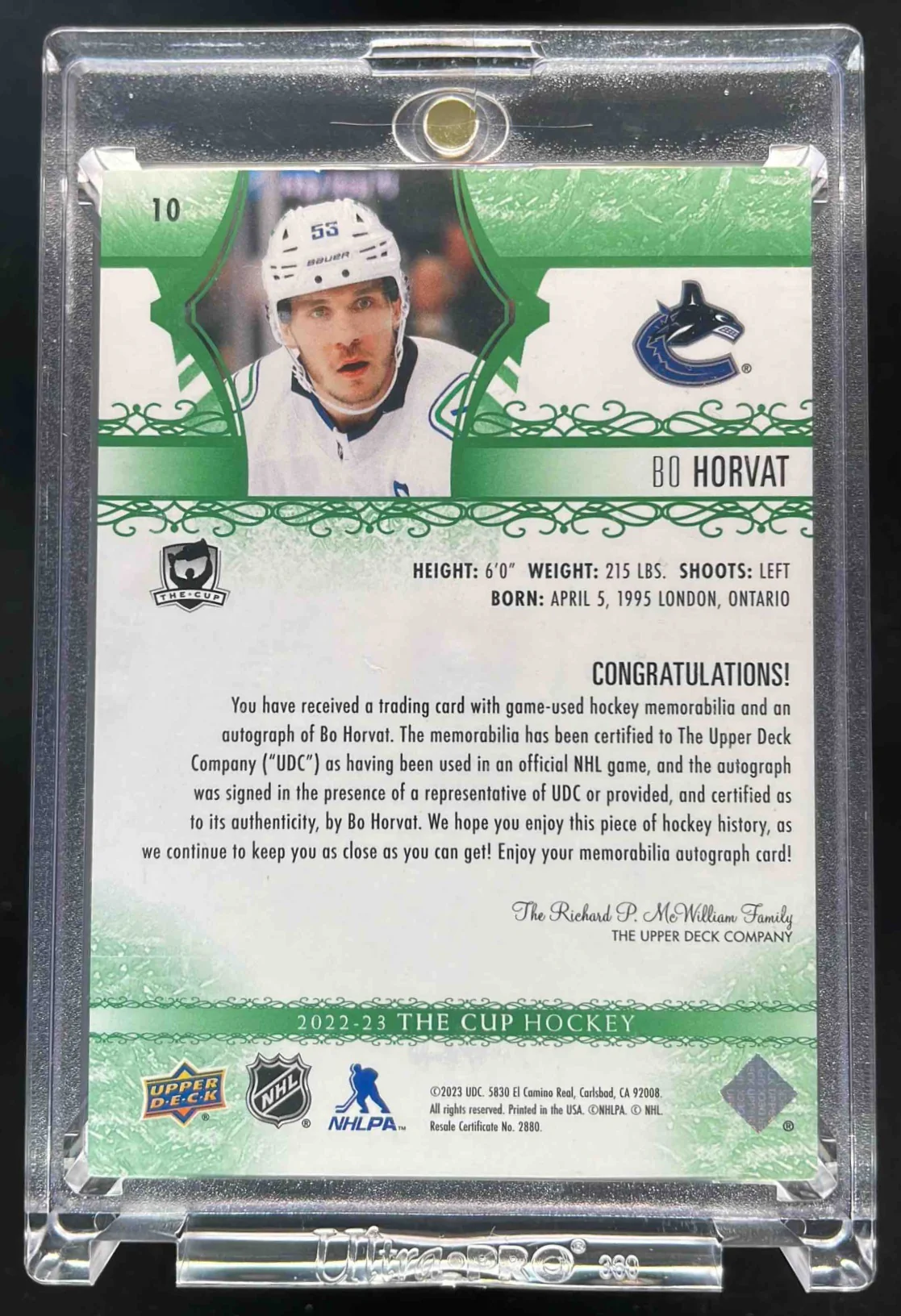 2023-24 The Cup 2022 23 The Cup Update Green Foil #10 Bo Horvat MEM Auto /3 - Image 2