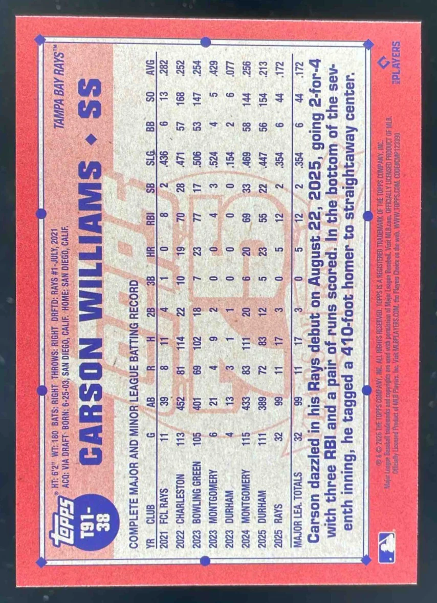2026 Topps 1991 Topps Blue #T91-38 Carson Williams RC /150 - Image 2