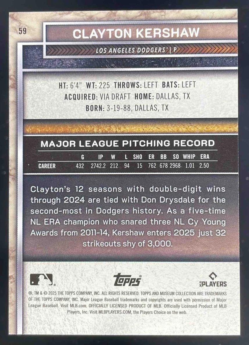 2025 Topps Museum Collection Blue Topaz #59 Clayton Kershaw /25 - Image 2