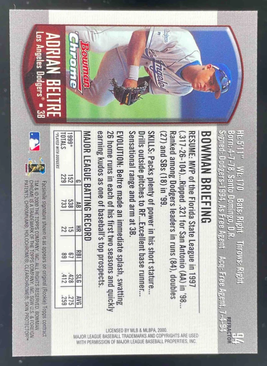 2000 Bowman Chrome Refractors #94 Adrian Beltre - Image 2
