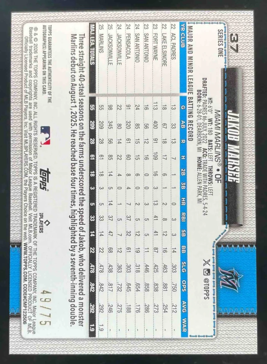 2026 Topps Real One Autograph 75th Anniversary #37 Jakob Marsee RC Auto /75 - Image 2