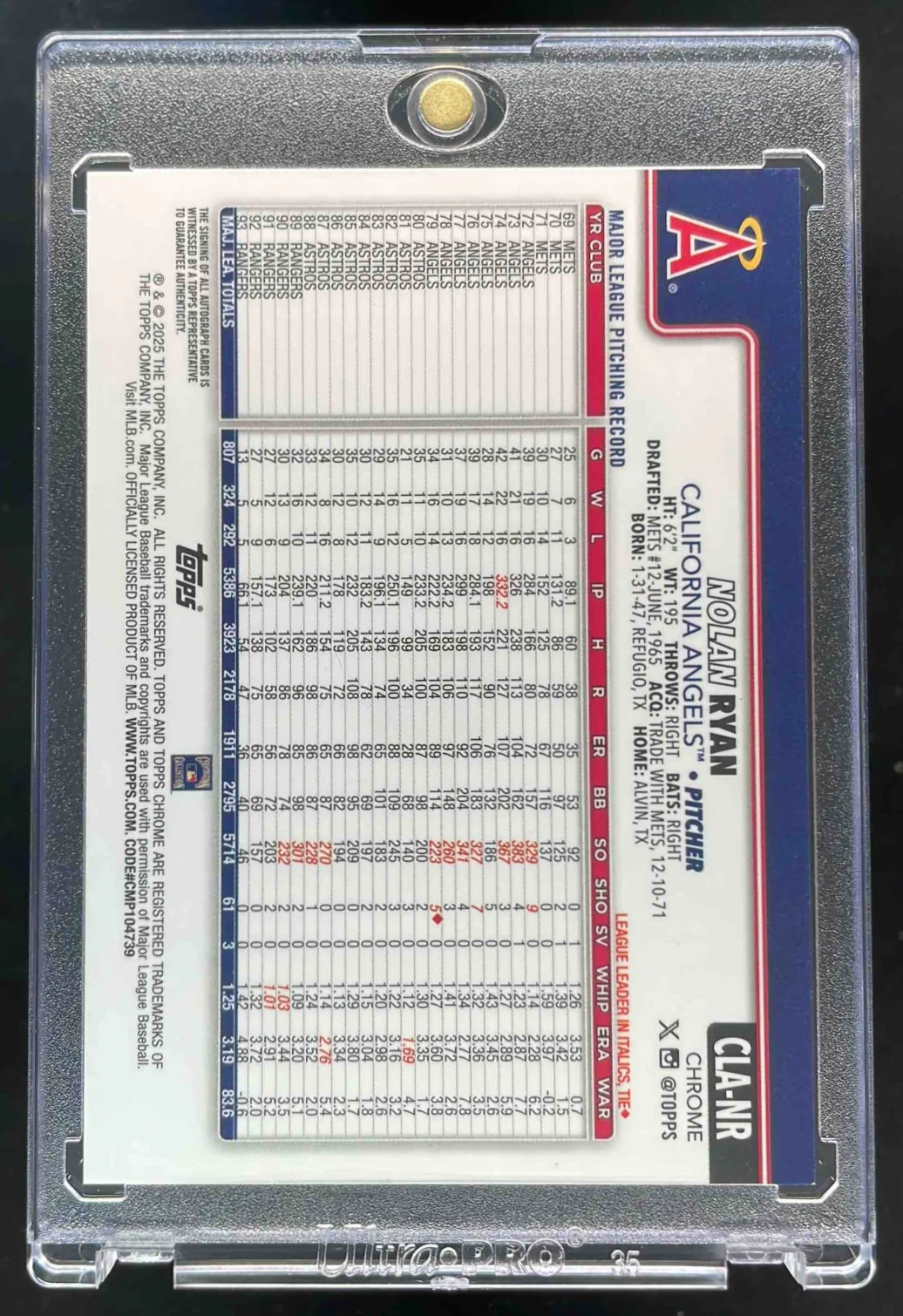 2025 Topps Chrome Legends Autograph Orange Refractor #CLA-NR Nolan Ryan Auto /25 - Image 2