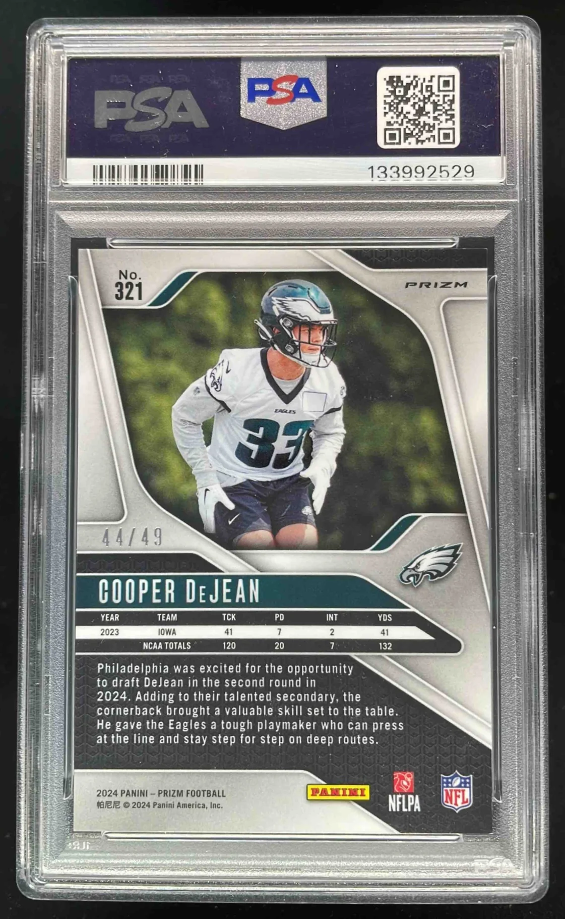 2024 Panini Prizm Purple Power Prizm #321 Cooper DeJean RC /49 PSA 10 - Image 2