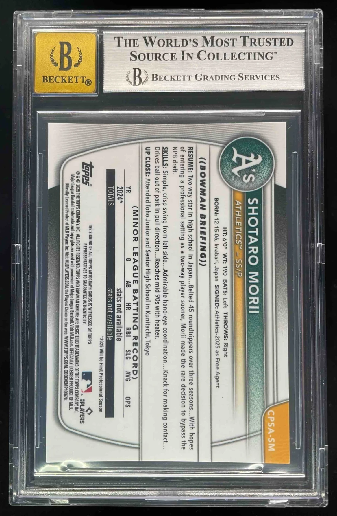 2025 Bowman Chrome Sapphire #CPSA-SM Shotaro Morii RC Auto /199 BGS 9 - Image 2