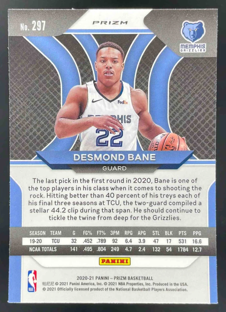 2020-21 Panini Prizm Choice Blue, Yellow and Green Prizms #297 Desmond Bane RC - Image 2