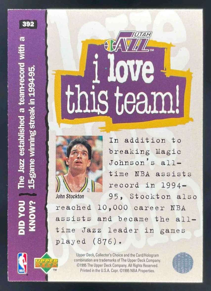 1995-96 Upper Deck Collector's Choice Platinum Player's Club #392 John Stockton - Image 2