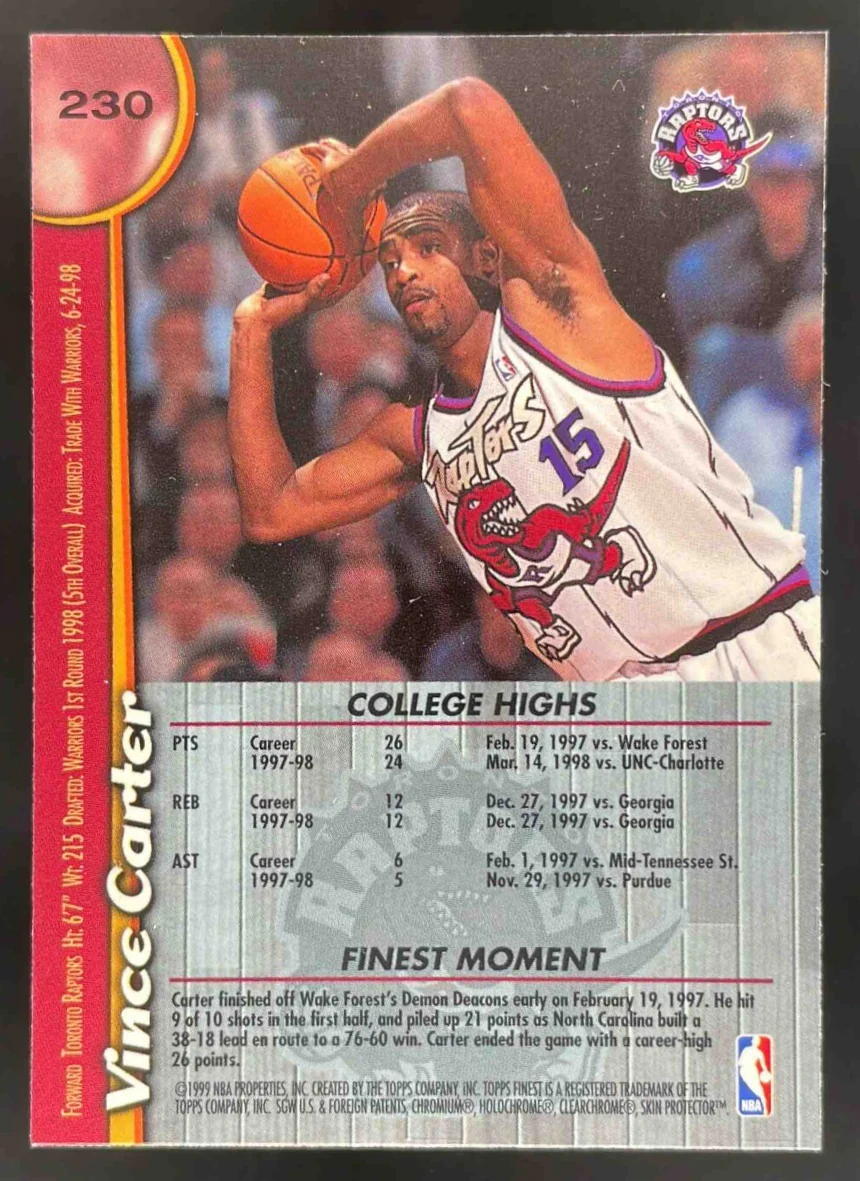 1998-99 Topps Finest #230 Vince Carter RC - Image 2