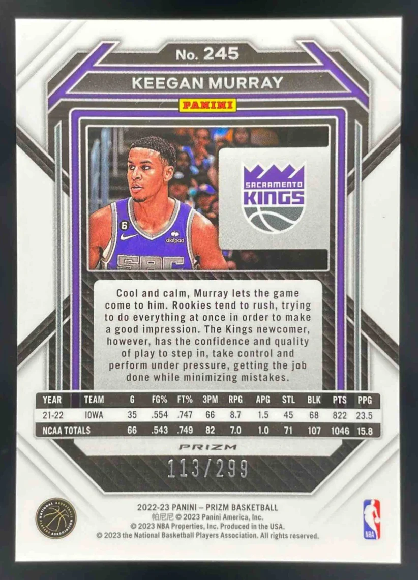 2022-23 Panini Prizm Prizms Red #245 Keegan Murray RC /299 - Image 2
