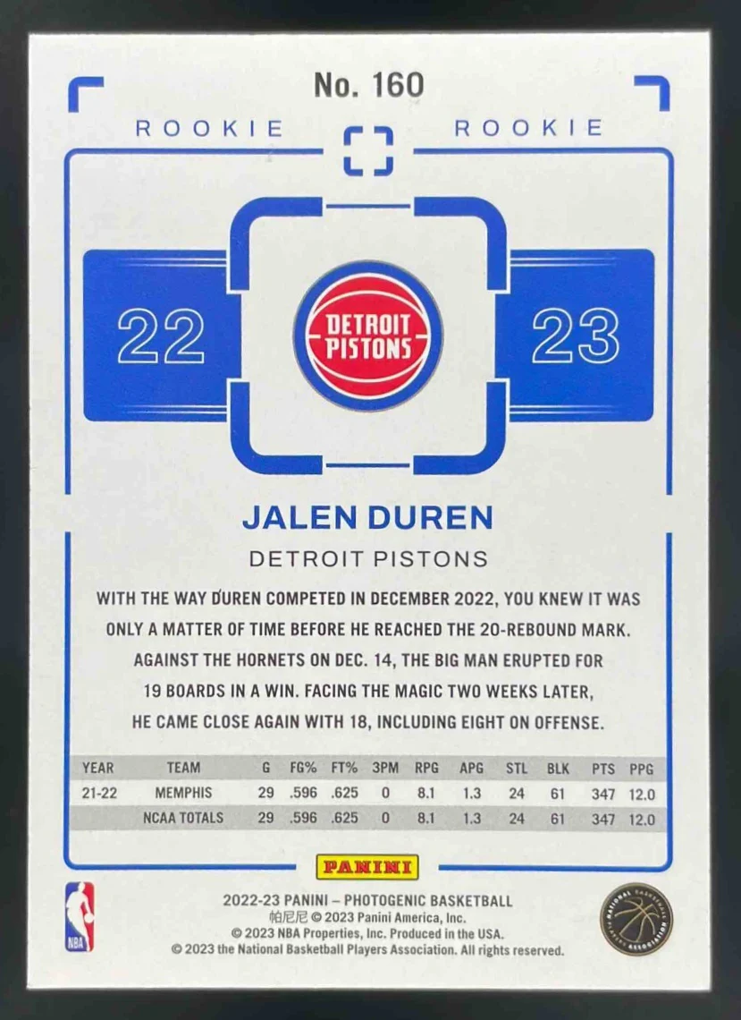 2022-23 Panini PhotoGenic #160 Jalen Duren RC /999 - Image 2