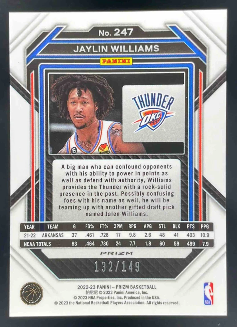 2022-23 Panini Prizm Prizms Purple Ice #247 Jaylin Williams RC /149 - Image 2