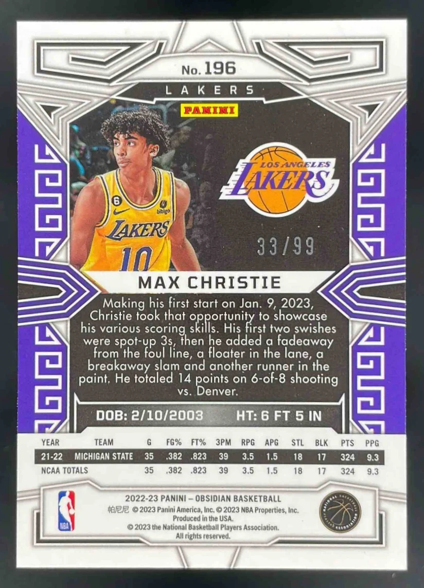 2022-23 Panini Obsidian Electric Etch Purple #196 Max Christie RC /99 - Image 2