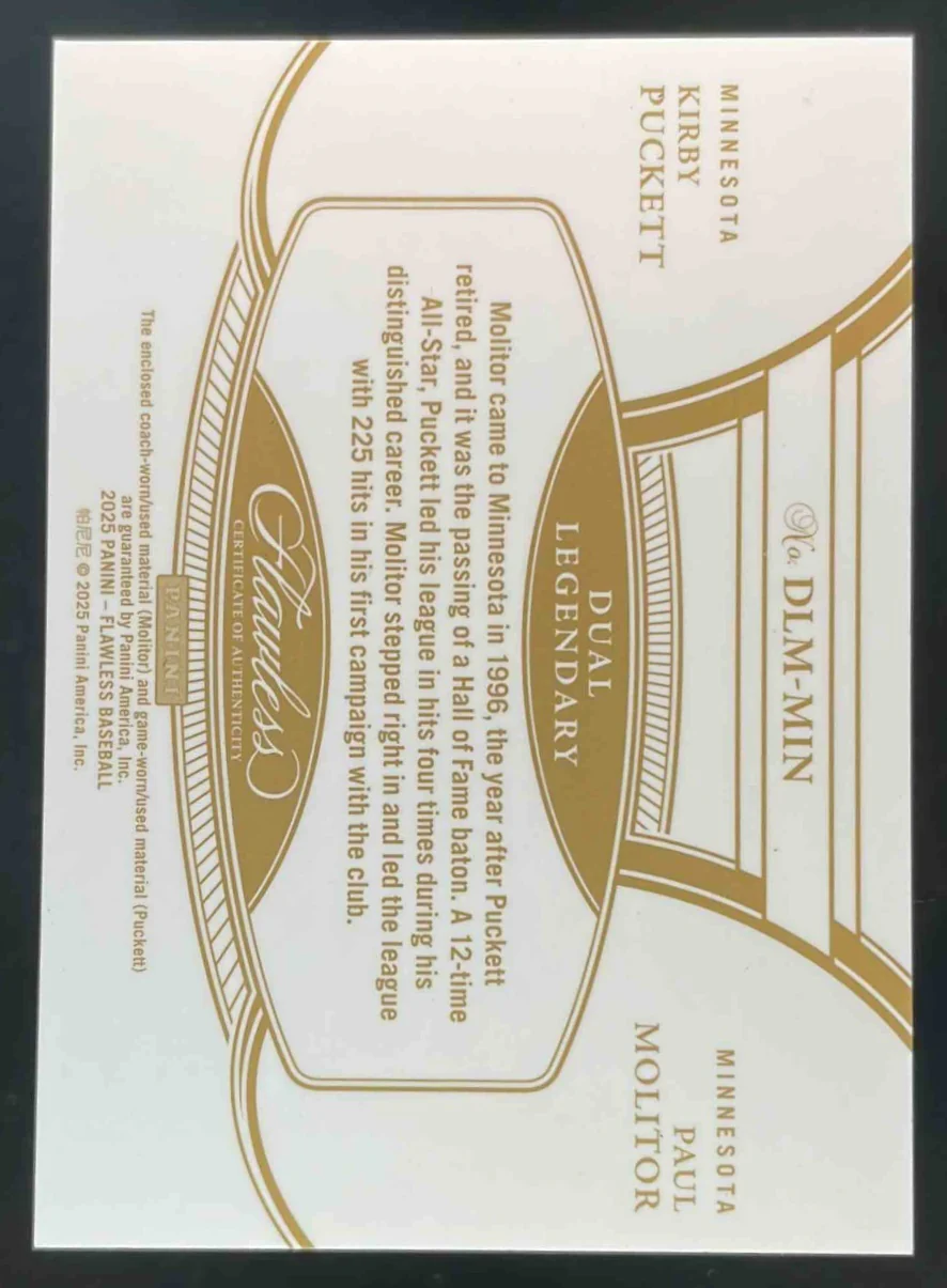 2025 Flawless Dual Legendary Memorabilia Paul Molitor Kirby Puckett /15 - Image 2