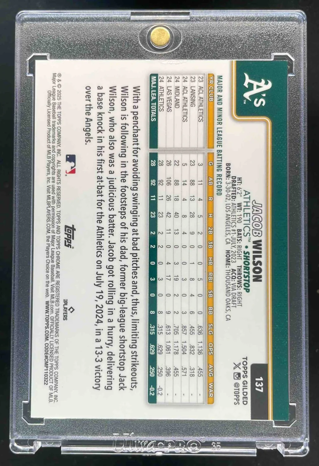 2025 Topps Gilded Collection Chrome Gold Electroblack Gold Jacob Wilson RC /5 - Image 2