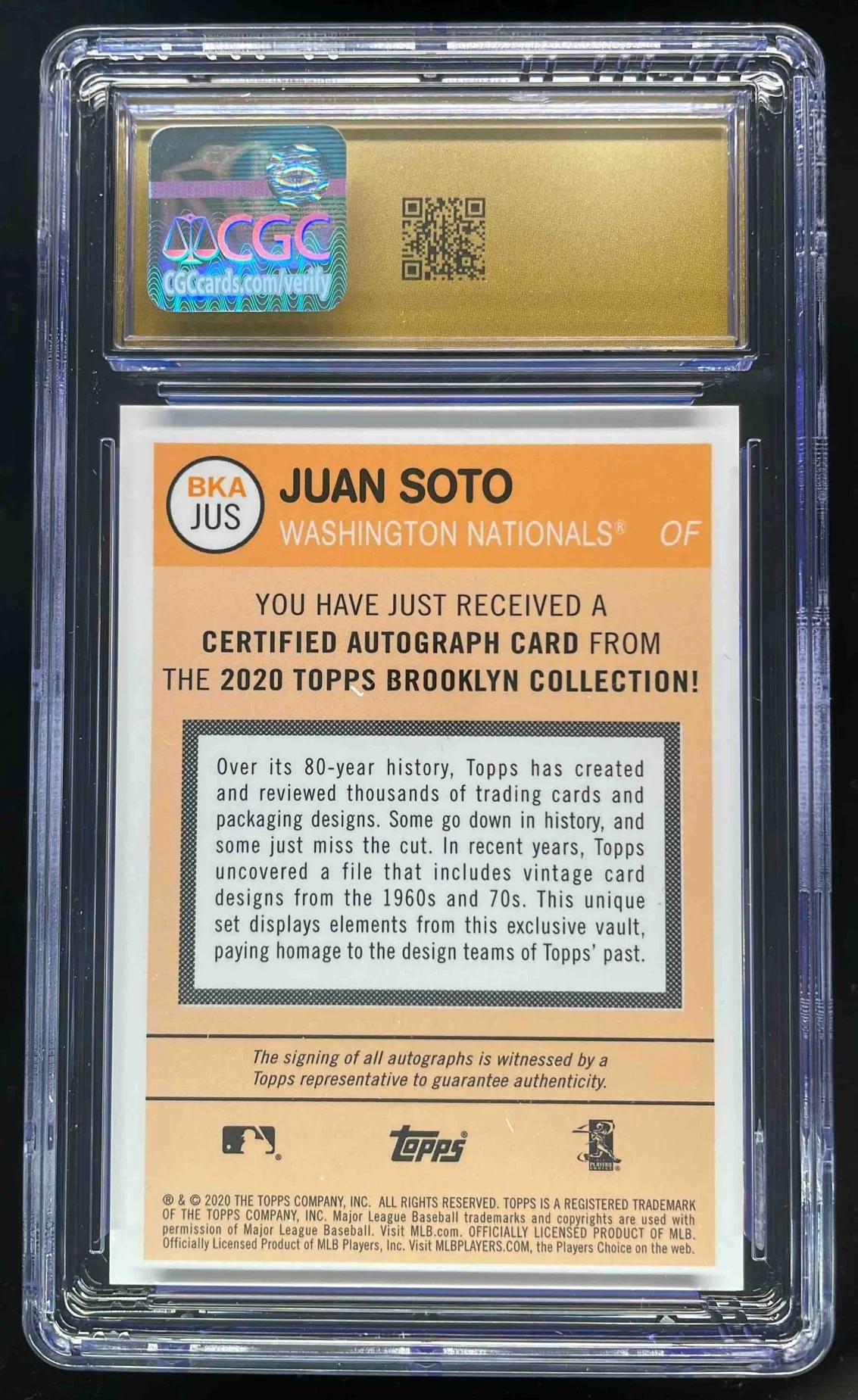 2020 Topps Brooklyn Collection Autographs #BKA-JUS Juan Soto Auto /75 CGC 10 - Image 2