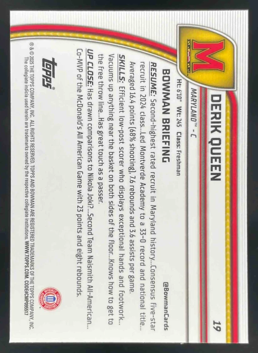 2024-25 Bowman University Chrome Sapphire Yellow Refractor #19 Derik Queen /75 - Image 2