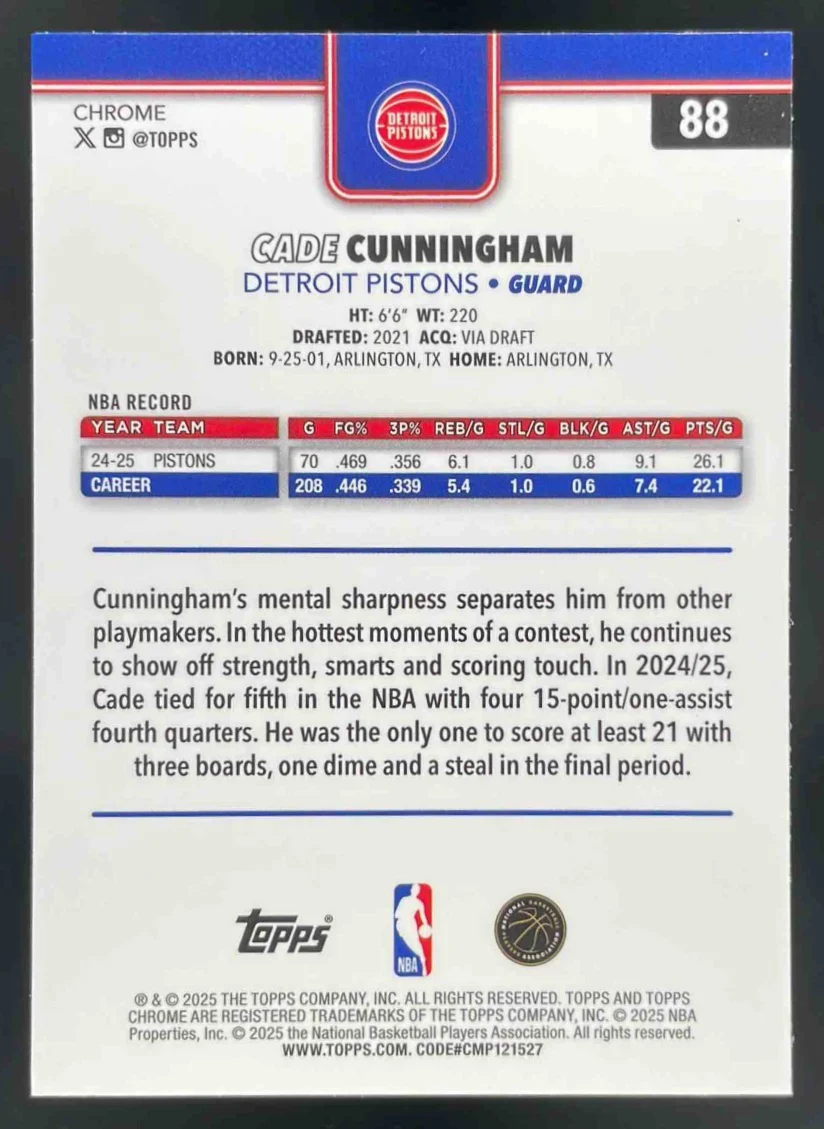 2025-26 Topps Chrome X-Fractor #88 Cade Cunningham - Image 2