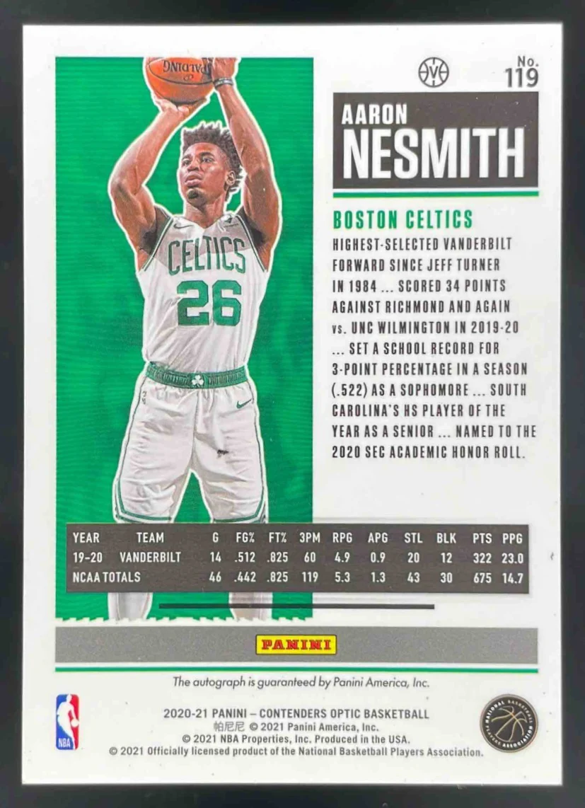 2020 Panini Contenders Optic #119b Aaron Nesmith RC Rookie Ticket Auto VAR Auto - Image 2