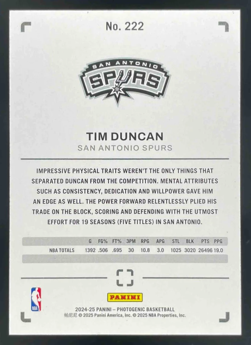 2024-25 Panini Photogenic Stardust #222 Tim Duncan /65 - Image 2
