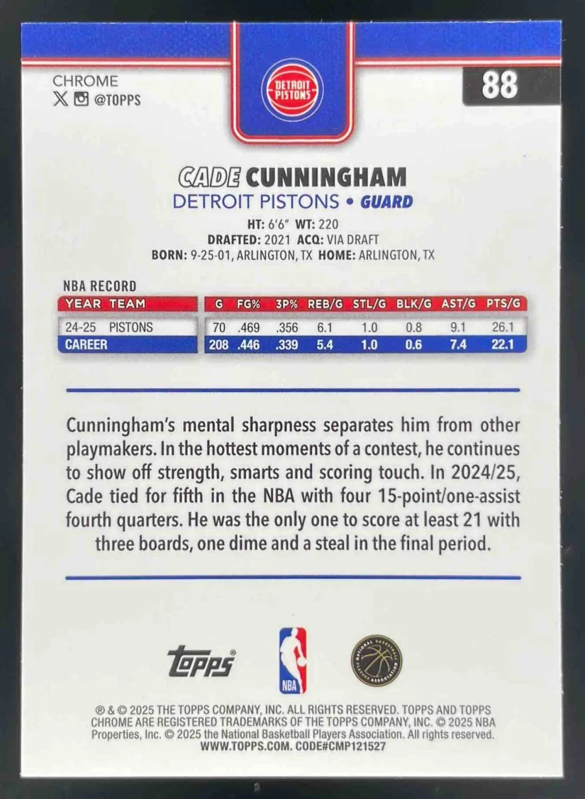 2025-26 Topps Chrome X-Fractor #88 Cade Cunningham - Image 2