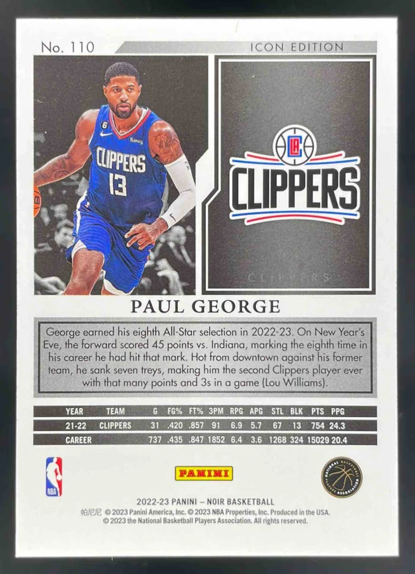 2022-23 Panini Noir Holo Silver #110 Paul George Icon Edition /49 - Image 2