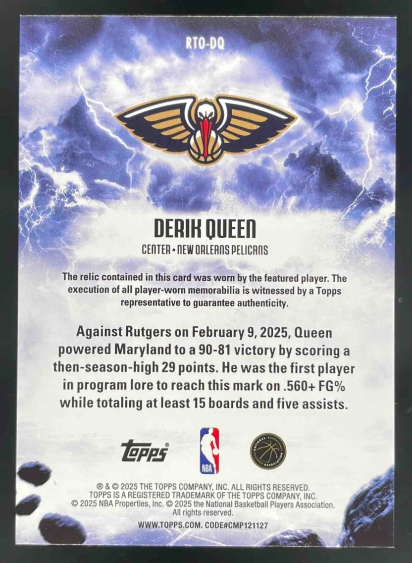 2025-26 Topps Rise to the Occasion Relic Rainbow Foil #RTO-DQ Derik Queen RC - Image 2
