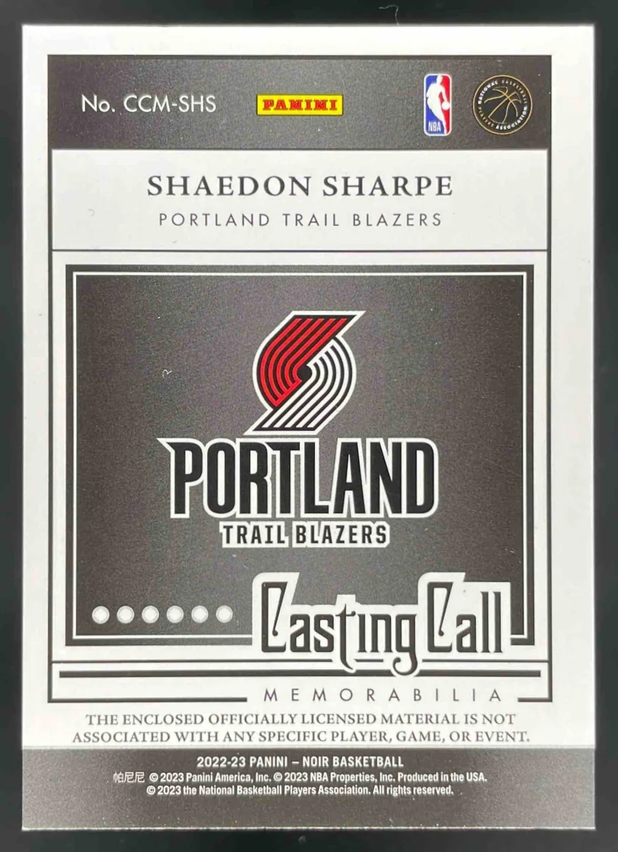 2022-23 Panini Noir Casting Call Memorabilia #CCM-SHS Shaedon Sharpe RC /99 - Image 2