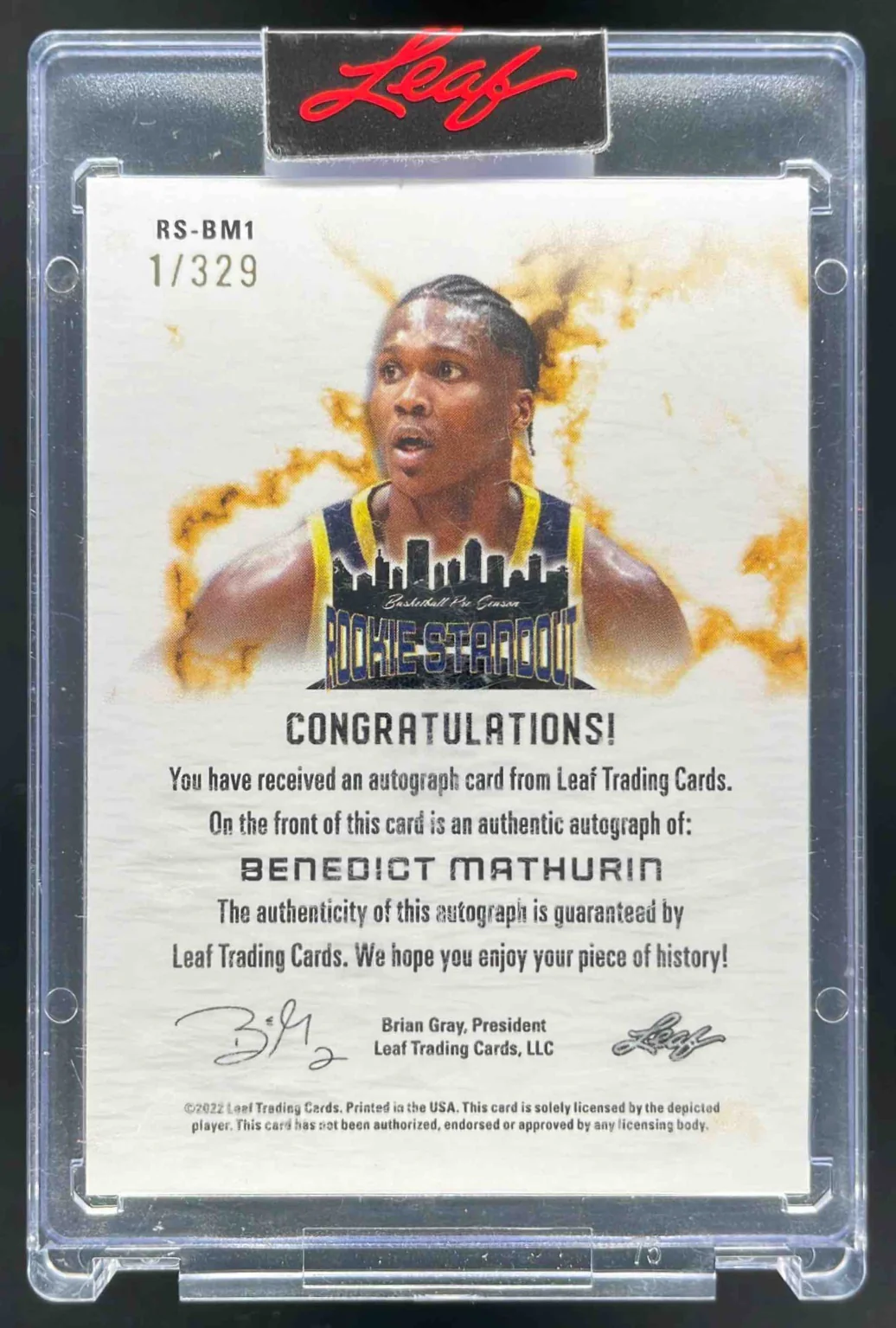 2022 Leaf Rookie Standout Rookie Autograph #BM1 Bennedict Mathurin RC Auto /329 - Image 2
